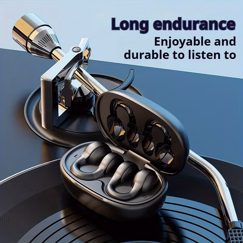 Clip-on earphones inside their charging case, showing long battery endurance
