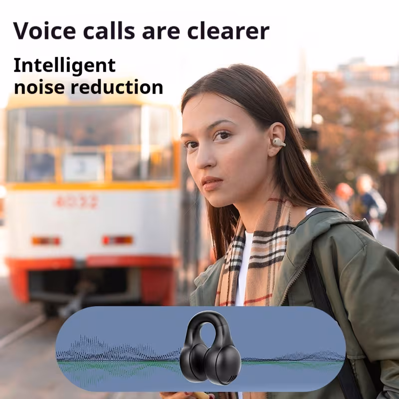 Woman on a clear phone call outdoors wearing clip-on earphones