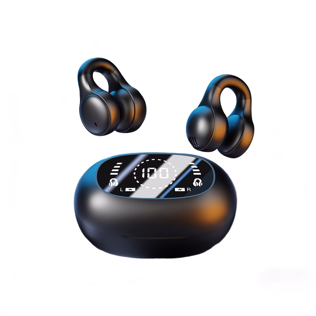 Clip-on open-ear wireless earphones with LED display charging case