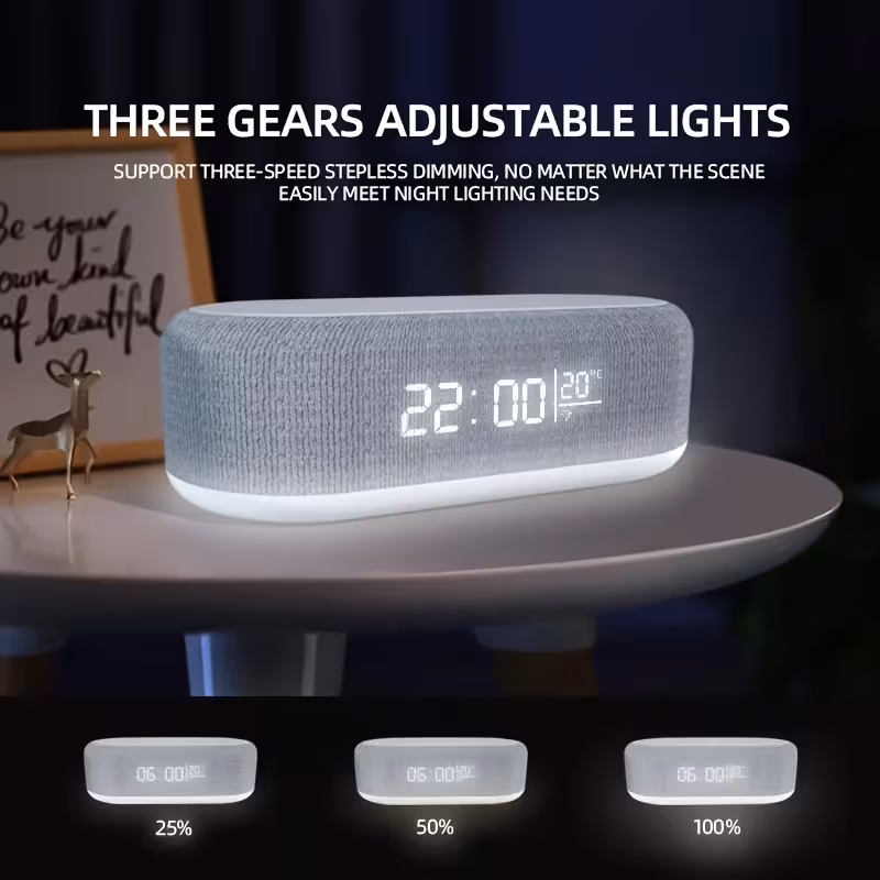 Three night-light brightness modes on the wireless charging alarm clock