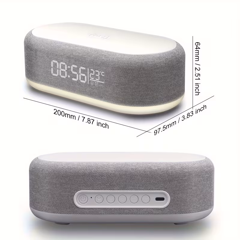 Measurements and back view of the wireless charger alarm clock