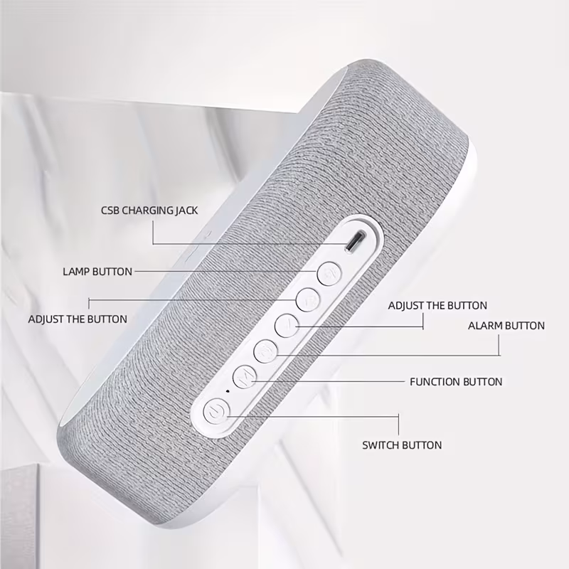 Close-up of the control buttons for light, alarm and time settings