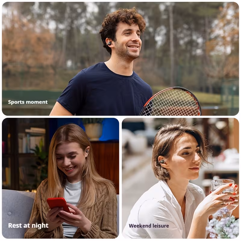 People wearing clip-on earphones while playing sport, resting at home and out at the weekend